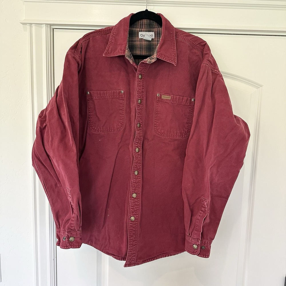 Vintage Carhartt Shirt Jacket Men's XL TALL Red Duck Canvas Plaid Lined FLAW XLT